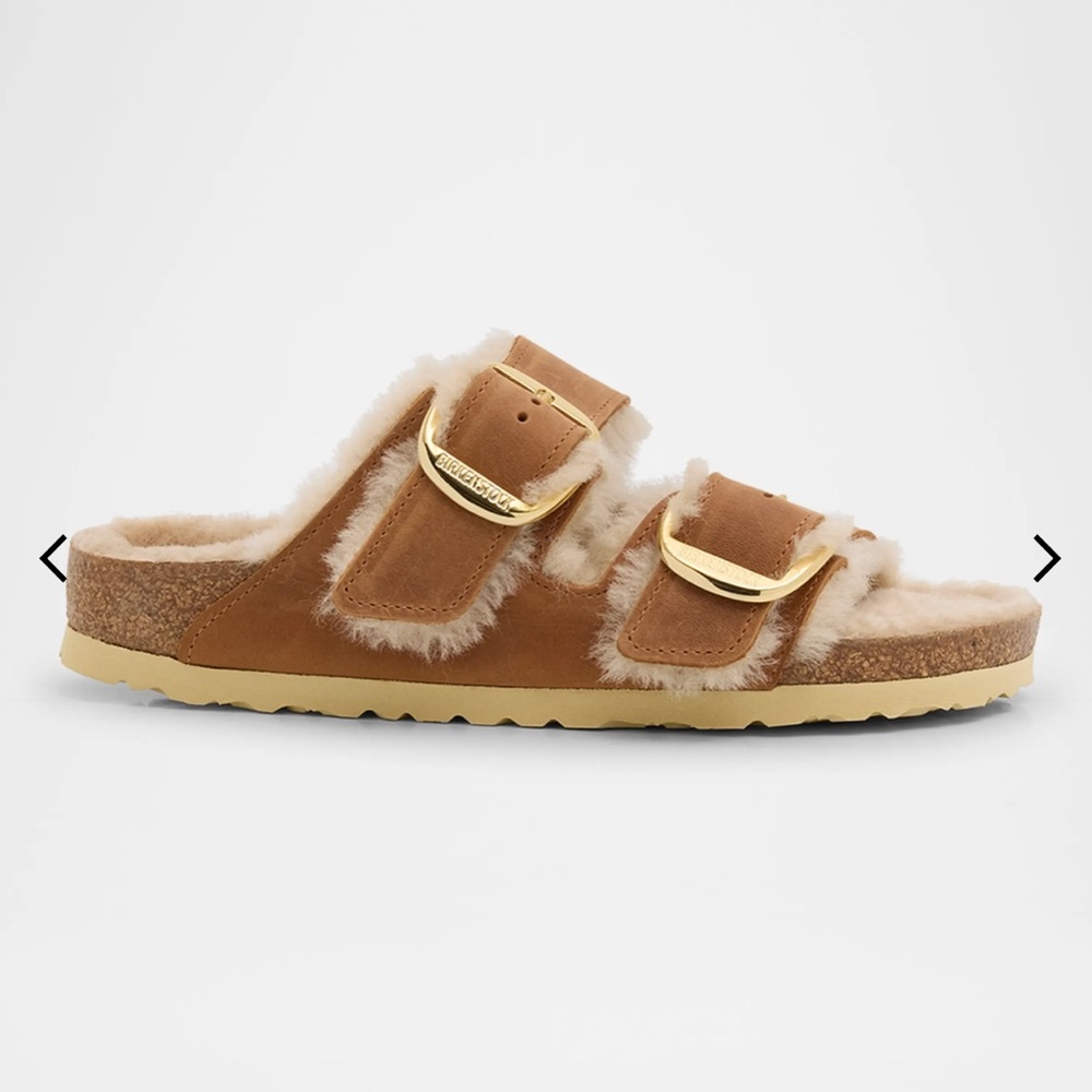 Birkenstock Brown Shearling Slide Sandals with Gold Buckles